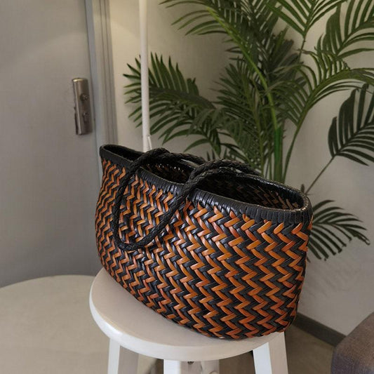 Soft Black Brown Woven Italian Leather Tote Bag, Italian Woven Italian Handbag, Triple Jump HandBag, Handmade Woven Leather Purse