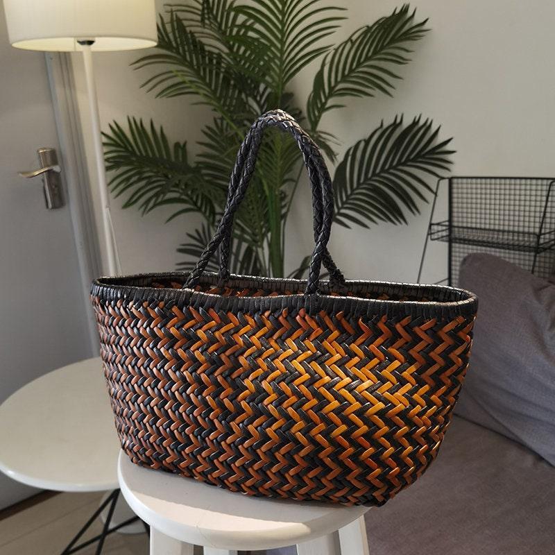 Soft Black Brown Woven Italian Leather Tote Bag, Italian Woven Italian Handbag, Triple Jump HandBag, Handmade Woven Leather Purse