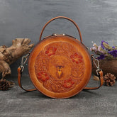 Soft leather vintage style embossed woman handbag • Retro women round bags • Round Leather Bag • Leather Circle Round Purse Bag• Handcrafted