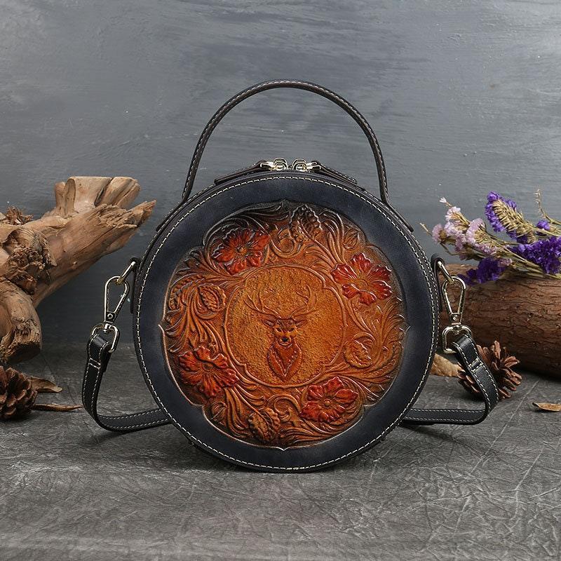 Soft leather vintage style embossed woman handbag • Retro women round bags • Round Leather Bag • Leather Circle Round Purse Bag• Handcrafted