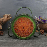 Soft leather vintage style embossed woman handbag • Retro women round bags • Round Leather Bag • Leather Circle Round Purse Bag• Handcrafted