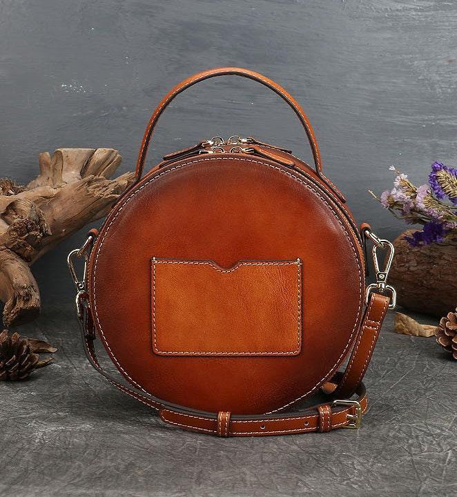 Soft leather vintage style embossed woman handbag • Retro women round bags • Round Leather Bag • Leather Circle Round Purse Bag• Handcrafted