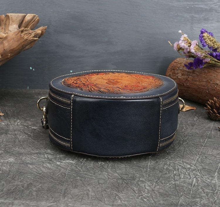 Soft leather vintage style embossed woman handbag • Retro women round bags • Round Leather Bag • Leather Circle Round Purse Bag• Handcrafted