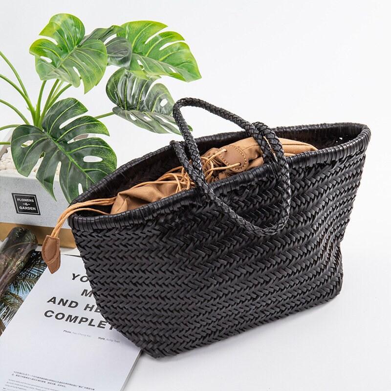 Soft Teal Black Woven Italian Leather Tote Bag, Italian Woven Italian Handbag, Slouchy Bag, Handmade Woven Leather Purse, Gift for Her