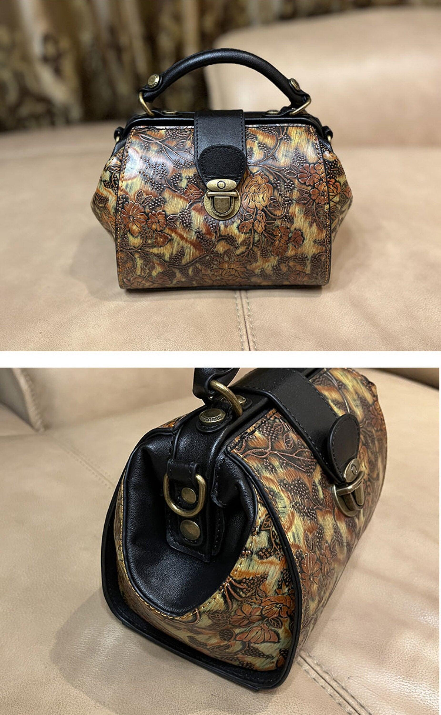 Spring/Summer Women's Wing-shaped Crossbody Bag, Cowhide Leather Doctor Bag, Vintage Embossed Design Shoulder Bag, Tan, Green, Blue Bag