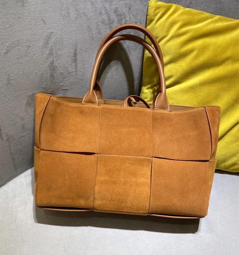 Suede Leather Quilted Large Leather Tote Bag, Minimalist Top Handle Bag, Elegant Shoulder Bag, Classic Style Soft Leather Work Bag, Tan