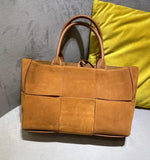 Suede Leather Quilted Large Leather Tote Bag, Minimalist Top Handle Bag, Elegant Shoulder Bag, Classic Style Soft Leather Work Bag, Tan