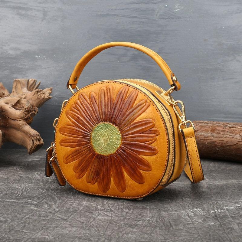 SUNFLOWER LEATHER Bag for Women, Vintage Women's Boho Bag, Sun Tooled Leather Handbag, Western Shoulder Bag, Fashionable Round Bag