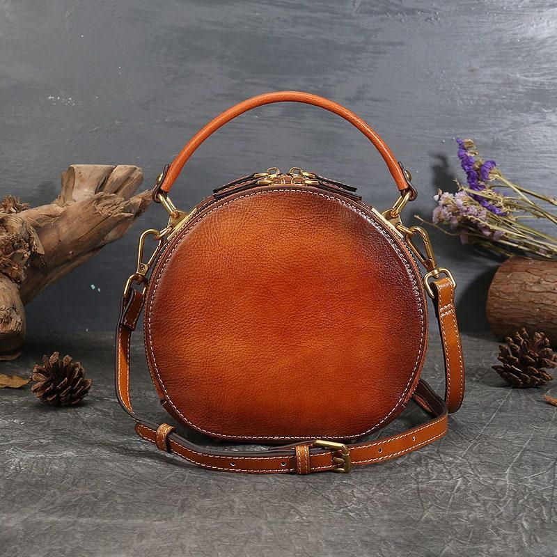 SUNFLOWER LEATHER Bag for Women, Vintage Women's Boho Bag, Sun Tooled Leather Handbag, Western Shoulder Bag, Fashionable Round Bag