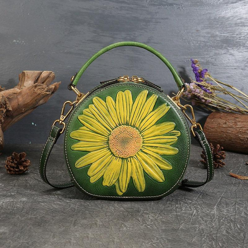SUNFLOWER LEATHER Bag for Women, Vintage Women's Boho Bag, Sun Tooled Leather Handbag, Western Shoulder Bag, Fashionable Round Bag