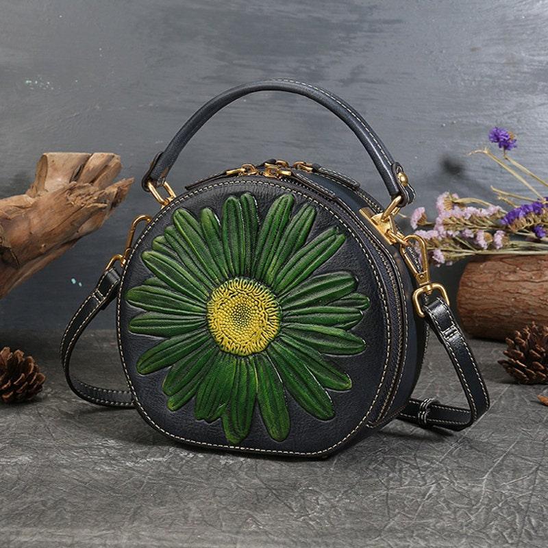 SUNFLOWER LEATHER Bag for Women, Vintage Women's Boho Bag, Sun Tooled Leather Handbag, Western Shoulder Bag, Fashionable Round Bag
