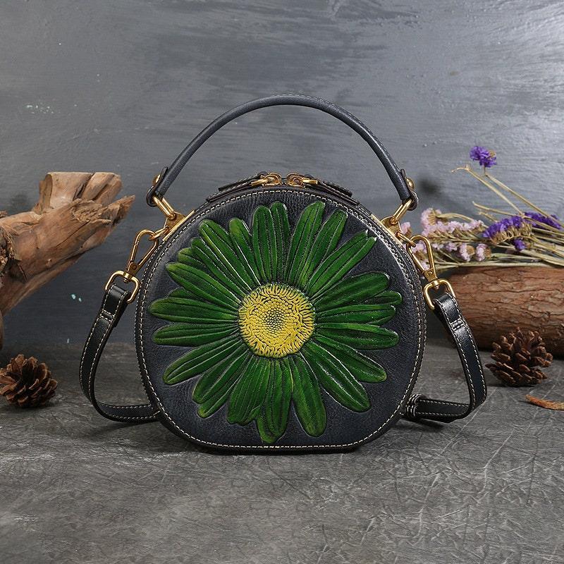 SUNFLOWER LEATHER Bag for Women, Vintage Women's Boho Bag, Sun Tooled Leather Handbag, Western Shoulder Bag, Fashionable Round Bag