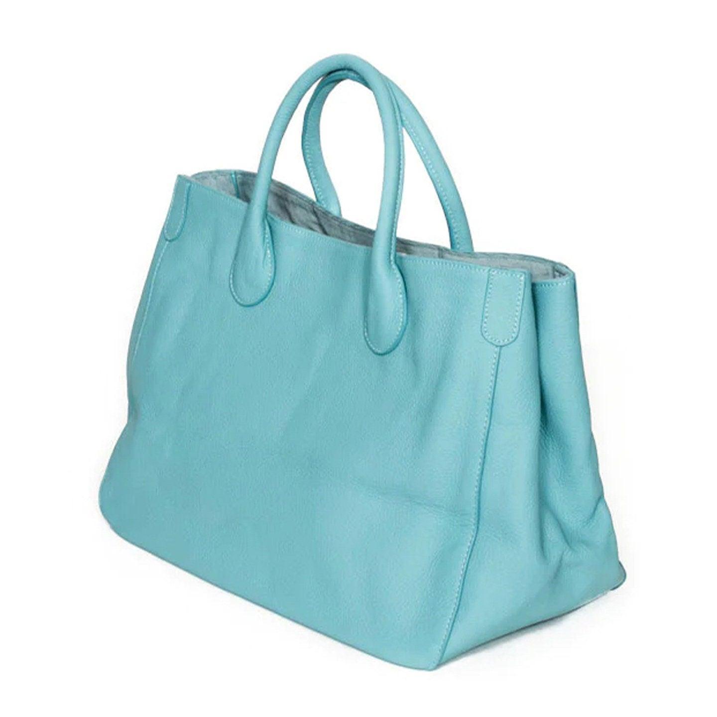 Tiffany Blue Large Leather Tote Bag, Cowhide Leather Bag, Must-have Lady Fashion Bag, Weekend Bag, Working Bag, Personalized gifts