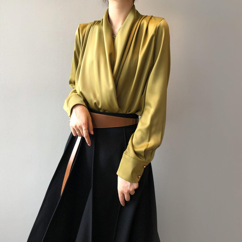 Timeless V-neck Satin Woven Blouse, Silk Satin Long Sleeves Shirt, Women Smart Casual Silky Top, Green Sleeve Blouse, Any Occassion, Gift - Alexel Crafts