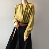 Timeless V-neck Satin Woven Blouse, Silk Satin Long Sleeves Shirt, Women Smart Casual Silky Top, Green Sleeve Blouse, Any Occassion, Gift - Alexel Crafts