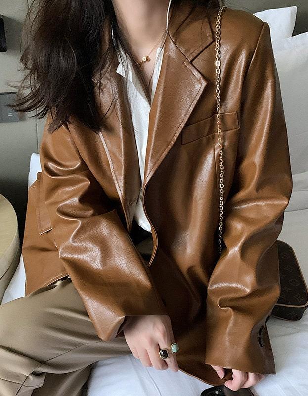 Trendy oversized Leather Jacket For Women's Biker, Minimalist Lambskin Leather Black/Brown Blazer, Handmade Chic Leather Biker, Gift for Her