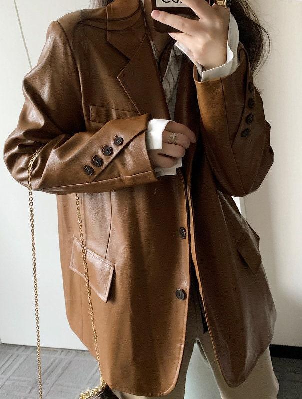 Trendy oversized Leather Jacket For Women's Biker, Minimalist Lambskin Leather Black/Brown Blazer, Handmade Chic Leather Biker, Gift for Her