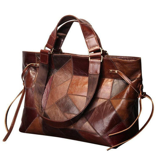 Large patchwork genuine leather handbag with mixed brown tones and double handles