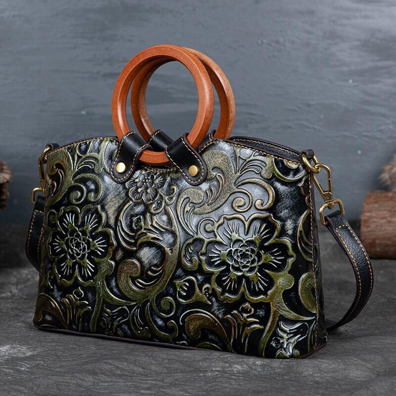 Vintage Small Leather Square Handbag, Embossed Shoulder Strap Bag, Retro Patterned Women's Crossbody Bag, Gift for Her