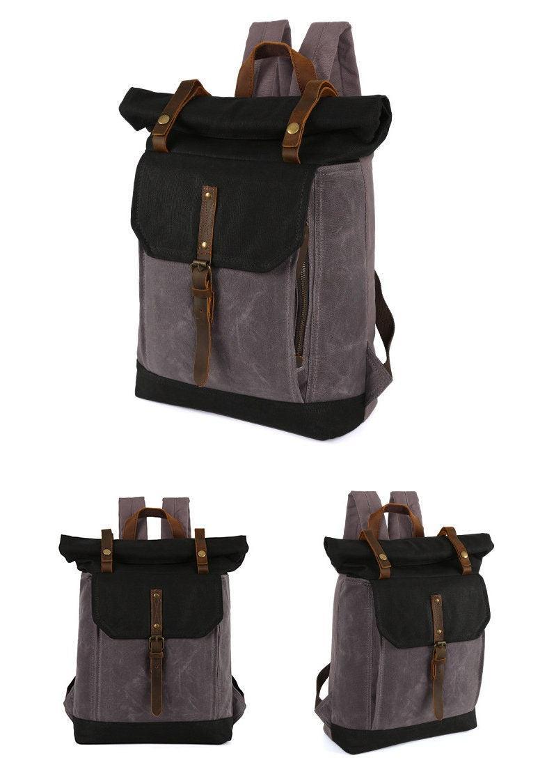 Waterproof Waxed Canvas and Cowhide Leather Laptop Backpack, Women Laptop Bag, Large Canvas Men Hiking Roll Top Backpack, Groomsmen Gifts
