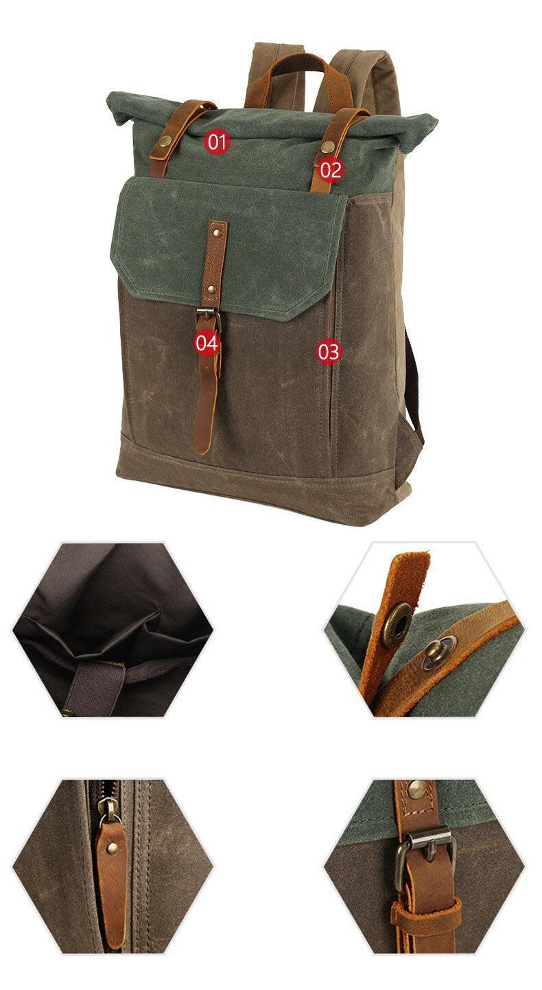 Waterproof Waxed Canvas and Cowhide Leather Laptop Backpack, Women Laptop Bag, Large Canvas Men Hiking Roll Top Backpack, Groomsmen Gifts