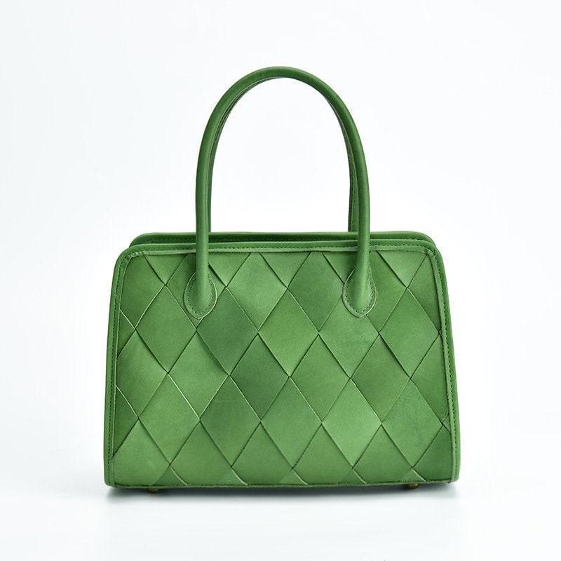 Woven Leather Shoulder Bag, Soft Woven Handbag, Leather Boston Bag, Handmade Shoulder Bag, Modern Leather Crossbody Bag, Forest Green/Brown