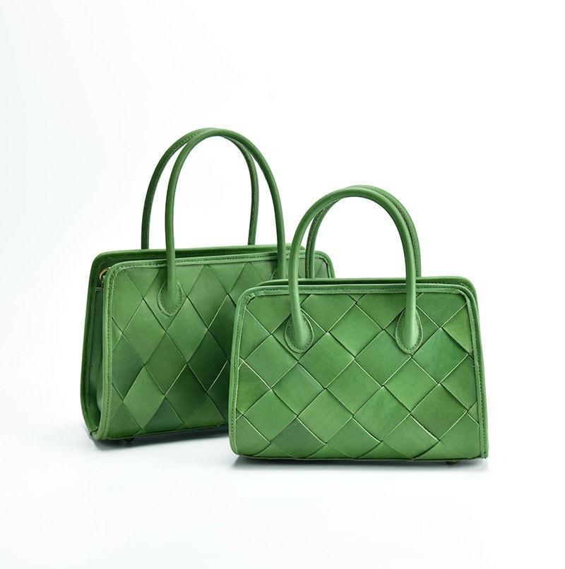Woven Leather Shoulder Bag, Soft Woven Handbag, Leather Boston Bag, Handmade Shoulder Bag, Modern Leather Crossbody Bag, Forest Green/Brown