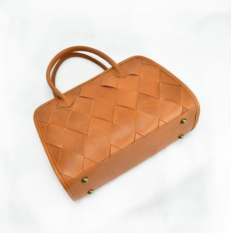 Woven Leather Shoulder Bag, Soft Woven Handbag, Leather Boston Bag, Handmade Shoulder Bag, Modern Leather Crossbody Bag, Forest Green/Brown