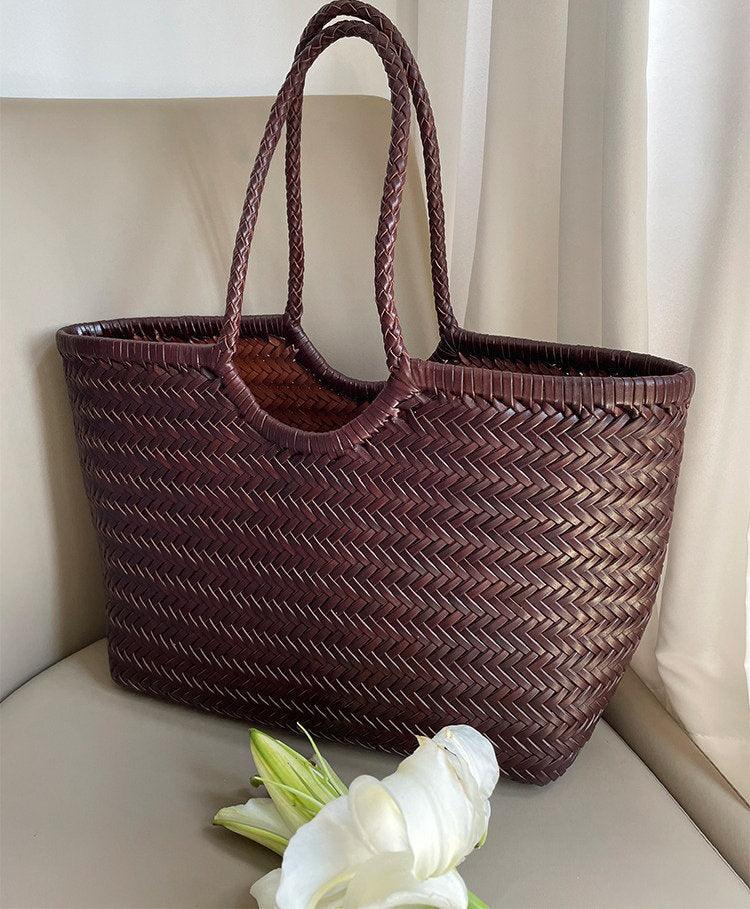 Woven Leather Tote Bag, Leather Hand Woven Triple Jump Bamboo Style Ladies HOBO Bag, Summer Holiday Bag, Handcrafted Women Woven Bag