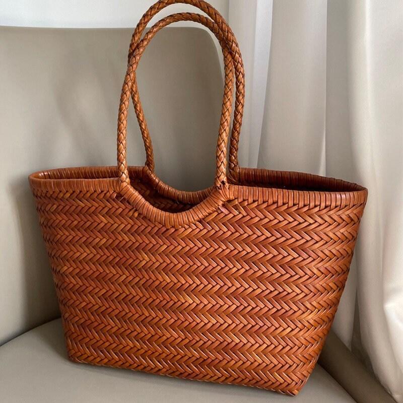 Woven Leather Tote Bag, Leather Hand Woven Triple Jump Bamboo Style Ladies HOBO Bag, Summer Holiday Bag, Handcrafted Women Woven Bag