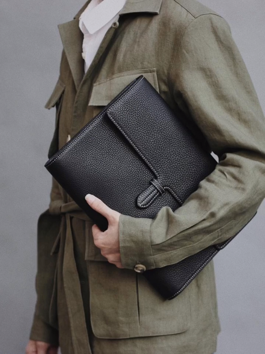 Custom Men’s and Women’s Leather Clutch Bag, Handmade Full Grain Togo Leather Business Handbag with 42 Color Options