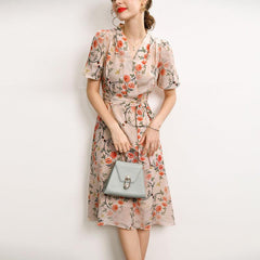 100% Mulberry Silk Midi Dress Floral, Embroidered Dress, Fashion Runway Summer Dress