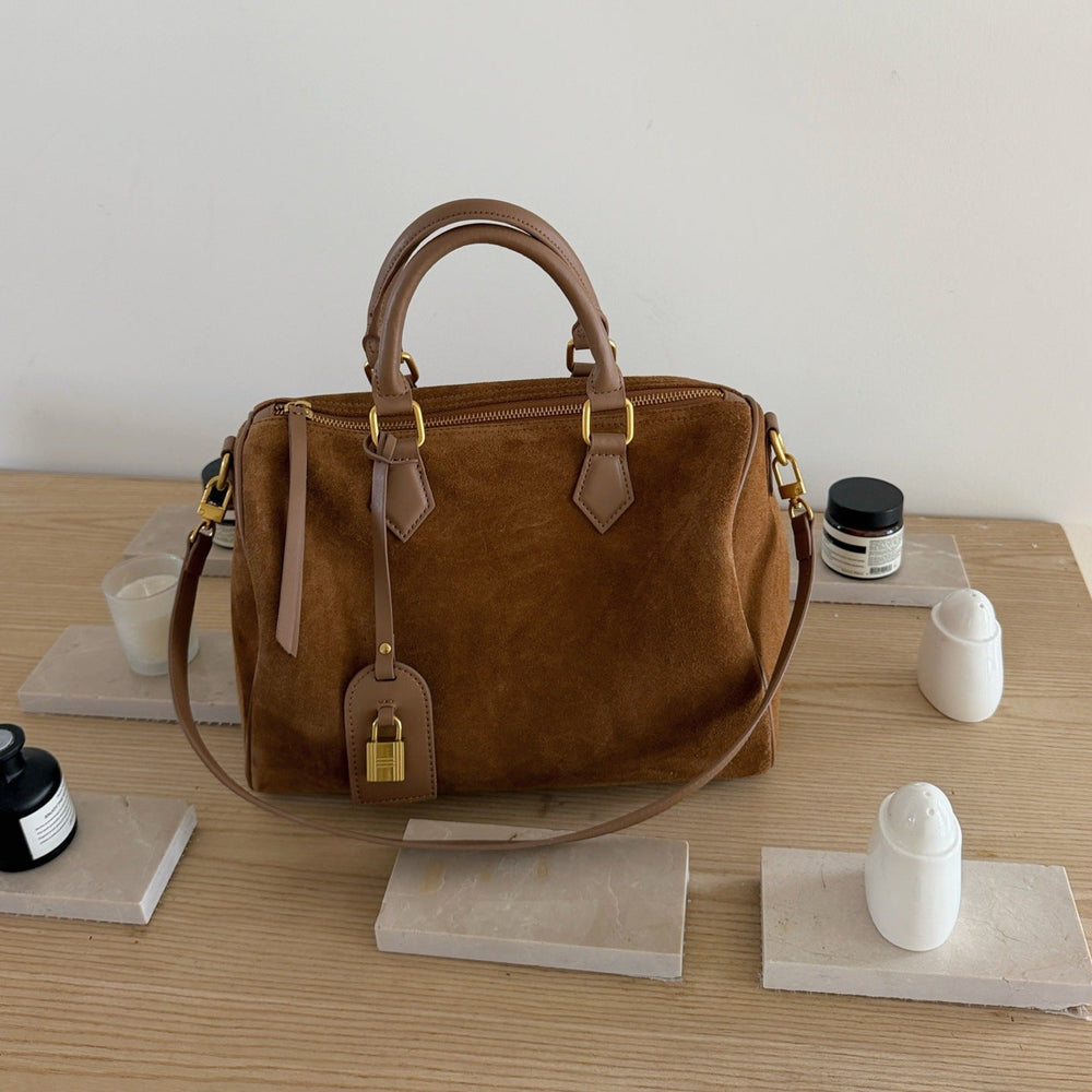 Handcrafted Suede Leather Boston Bag for Women | Padlock Charm Shoulder& Crossbody Bag | Handcrafted Matte Cowhide Top Handle Purse