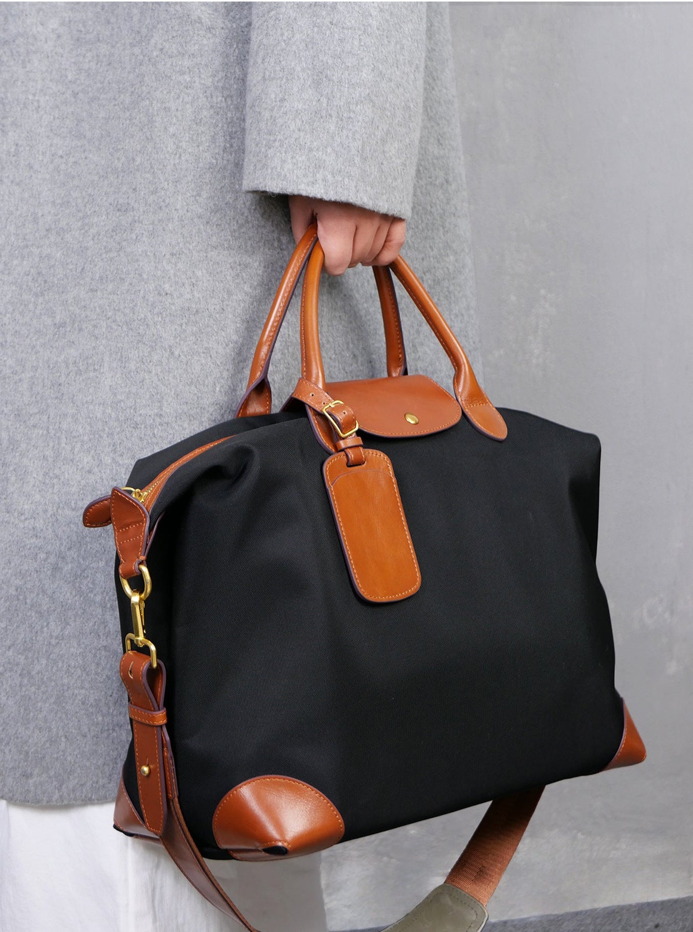 Recycled Nylon & Cowhide Leather Work Tote Bag – Handmade, 3 Sizes | Personalised Initials, Laptop Bag, Waterproof, Anti-Slip Strap