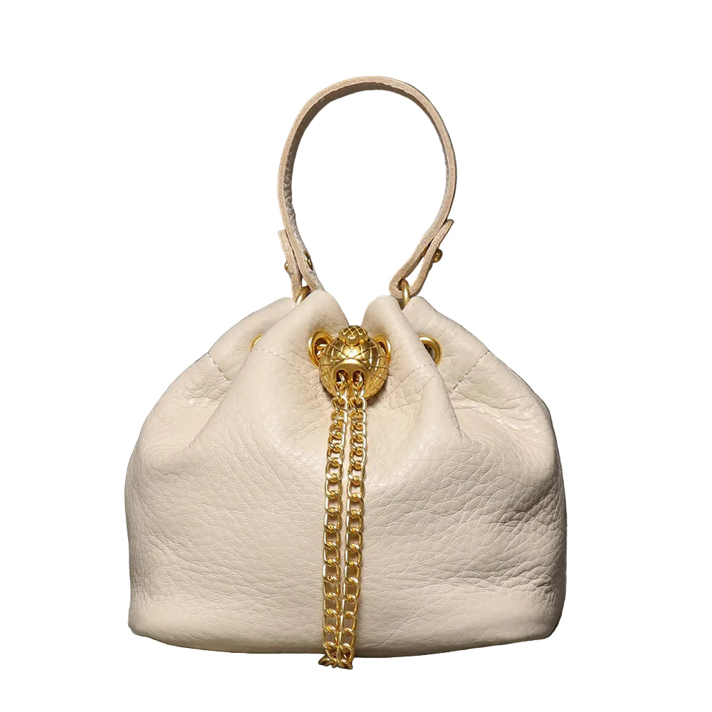 Handcrafted Top Grain Cowhide Leather Mini Bucket Bag | Women's Drawstring Chain Crossbody Purse