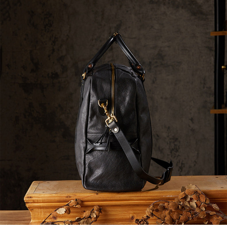 Vegetable Tanned Italian Full Grain Leather Travel Bag | Handcrafted Vintage Minimalist Business Duffel & Shoulder Bag