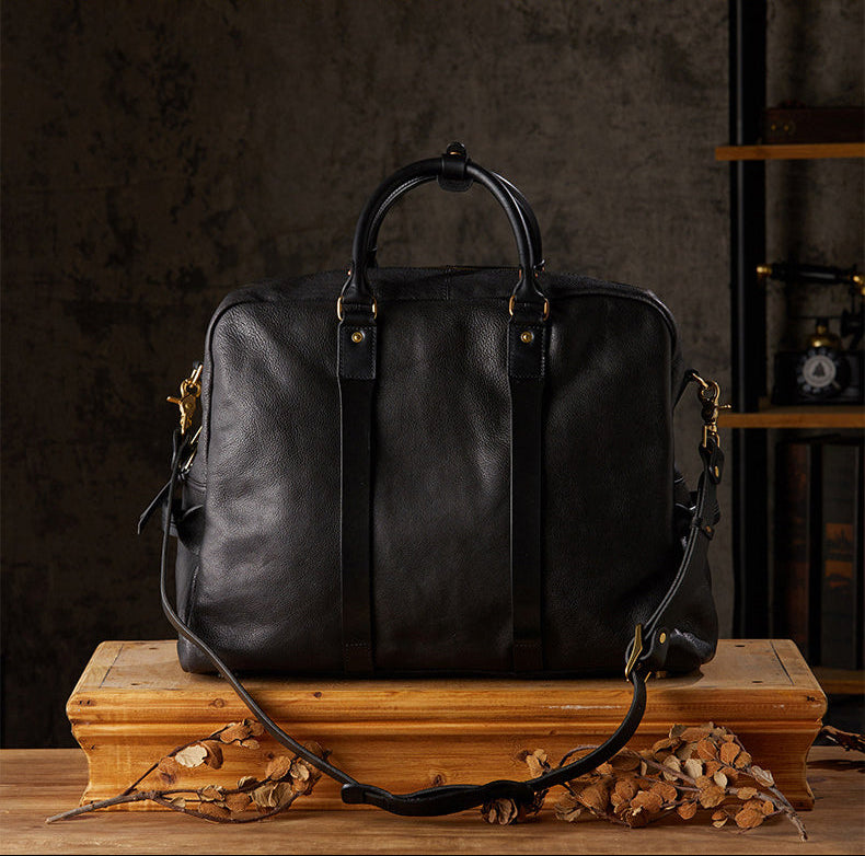 Vegetable Tanned Italian Full Grain Leather Travel Bag | Handcrafted Vintage Minimalist Business Duffel & Shoulder Bag