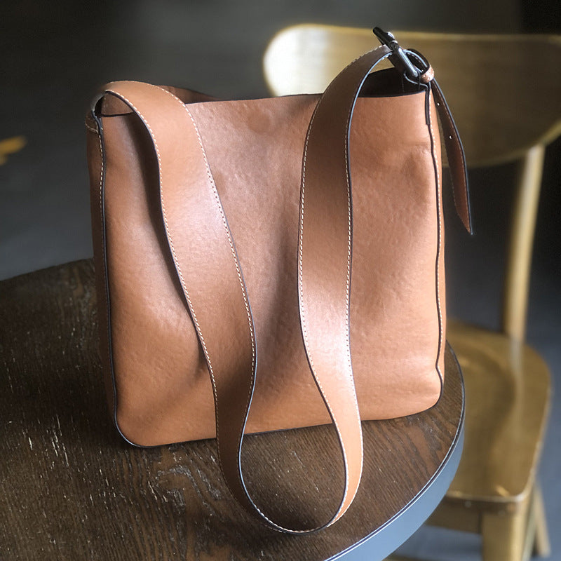 Full Grain Leather Shoulder Bag, Wide Shoulder Strap Crossbody Bag, Retro Leather Bucket Bag, Valentine Gift for her