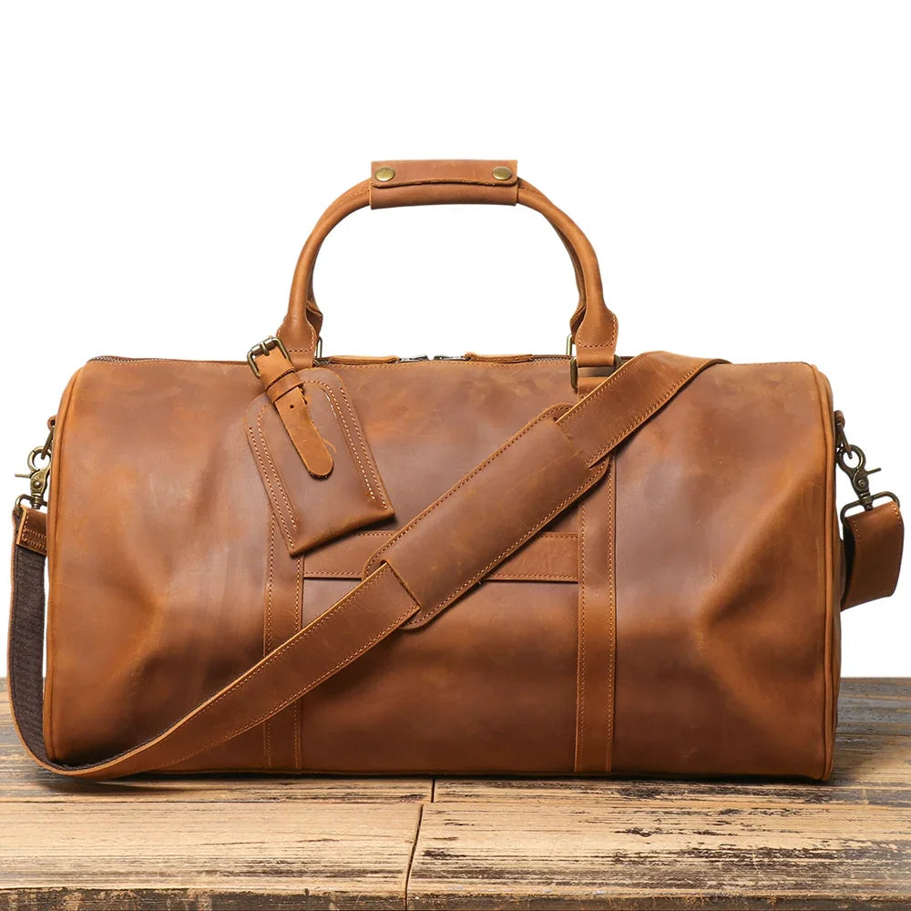 Crazy Horse Full Grain Leather Travel Duffle Bag with Trolley Sleeve | Weekender Tote for Men & Women
