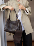 Double-Sided Weaving Noir Woven Lambskin Leather Shoulder Bag with Braided Handle and Gold Accents