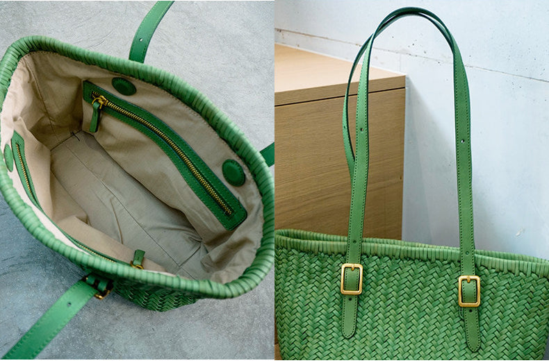Handwoven Cowhide Leather Basket Tote Bag | Women's Shoulder Hobo Bag