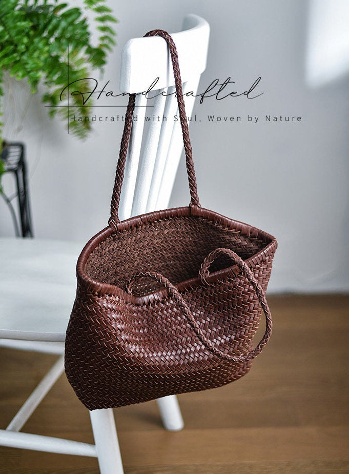 Handwoven Basket Tote Bag | Vegetable-Tanned Italian Cowhide Hand-Carry Bag | Minimalist Summer Commuter Style