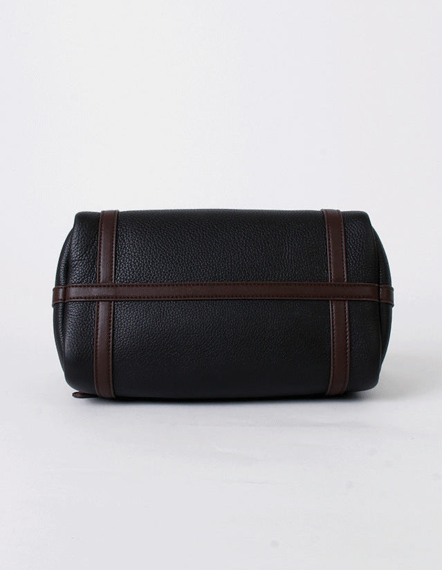 Full Grain Leather Pillow Boston Bag – Pebbled Cowhide & Suede Shoulder Bag | Gold Hardware, Top Handle & Crossbody Strap