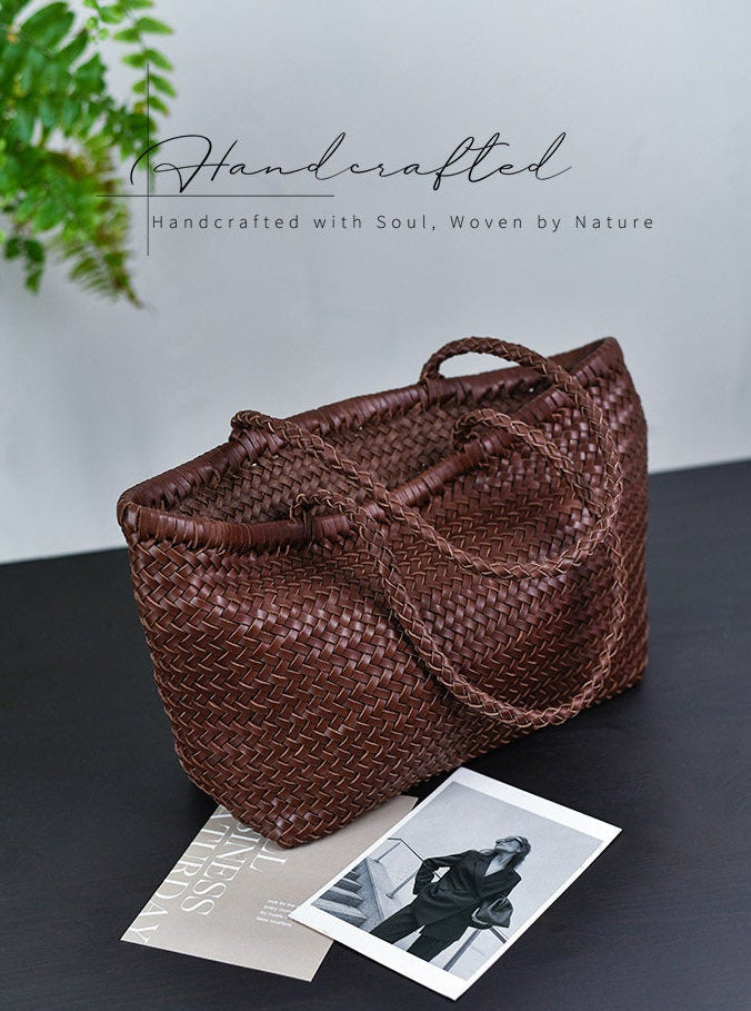 Handwoven Basket Tote Bag | Vegetable-Tanned Italian Cowhide Hand-Carry Bag | Minimalist Summer Commuter Style