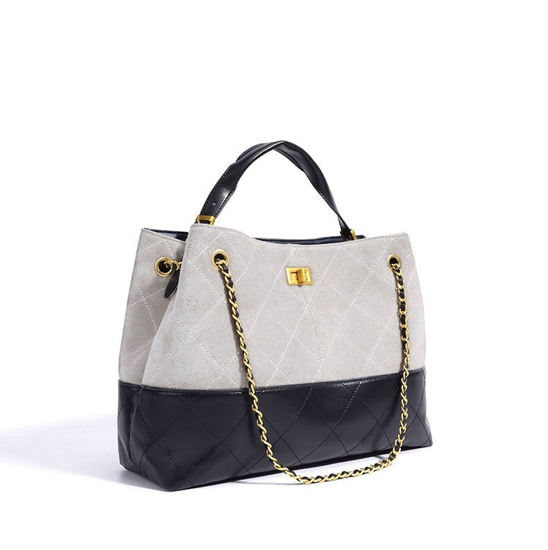 Quilted Lambskin and Suede Leather Chain Tote Bag | Women's Vintage Two-Tone Shoulder & Crossbody Bag