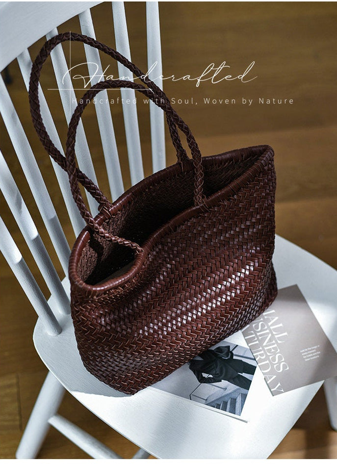 Handwoven Basket Tote Bag | Vegetable-Tanned Italian Cowhide Hand-Carry Bag | Minimalist Summer Commuter Style