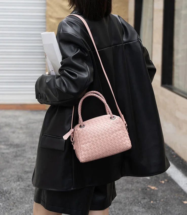 Luxury Women's Lambskin Woven Boston Crossbody Bag | Handcrafted Versatile Shoulder Bag