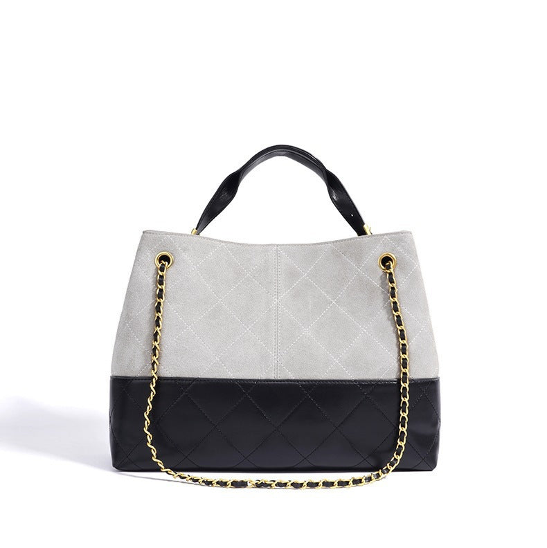 Quilted Lambskin and Suede Leather Chain Tote Bag | Women's Vintage Two-Tone Shoulder & Crossbody Bag