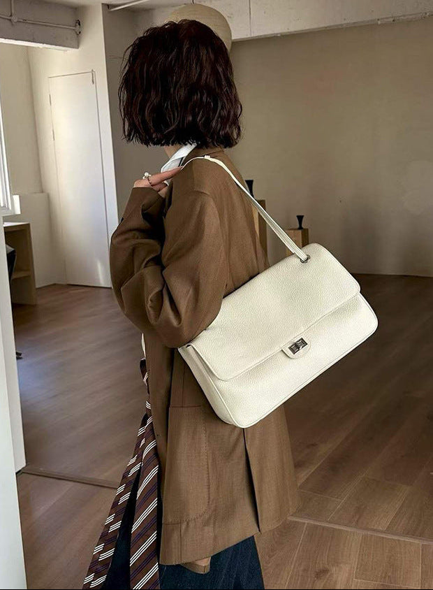 Minimalist Commuter Leather Shoulder Bag | Top Grain Cowhide Handbag with Twist-Lock Closure