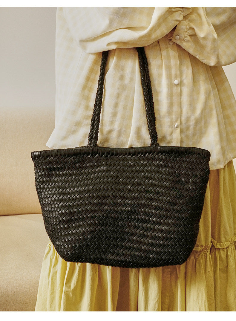 Handwoven Basket Tote Bag | Vegetable-Tanned Italian Cowhide Hand-Carry Bag | Minimalist Summer Commuter Style